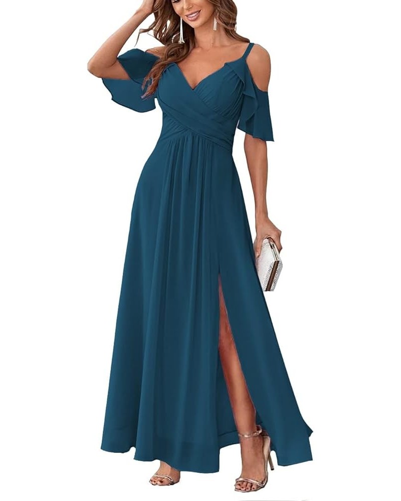 Women's Cold Shoulder Chiffon Bridesmaids Dresses Long Slit Formal Party Dress for Junior ABC095… Teal Blue $35.99 Dresses