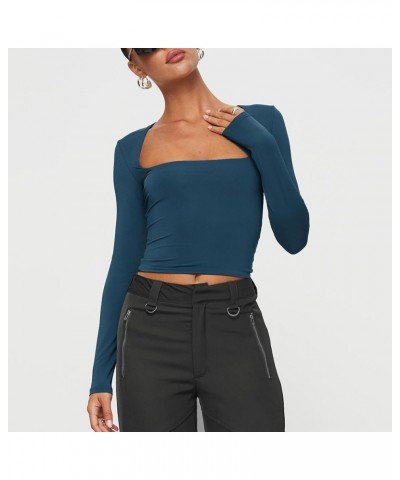 Women's Sexy Square Neck Crop Top Long Sleeve Slim Fit Cropped T Shirts Basic Stretchy Tee Y2K Tops A Navy Blue $10.39 T-Shirts