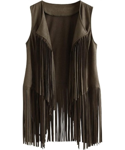 Hippie Vest for Women Vintage Ethnic 70s Tassel Vest Faux Seude Solid Sleeveless Fringe Hippie Jacket Vest Green $7.13 Vests