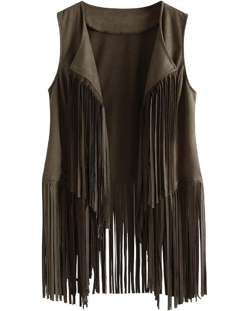 Hippie Vest for Women Vintage Ethnic 70s Tassel Vest Faux Seude Solid Sleeveless Fringe Hippie Jacket Vest Green $7.13 Vests