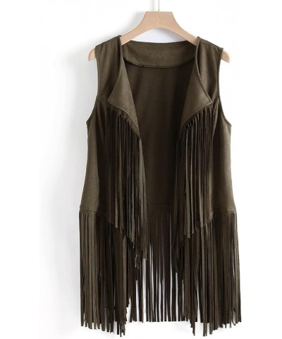 Hippie Vest for Women Vintage Ethnic 70s Tassel Vest Faux Seude Solid Sleeveless Fringe Hippie Jacket Vest Green $7.13 Vests