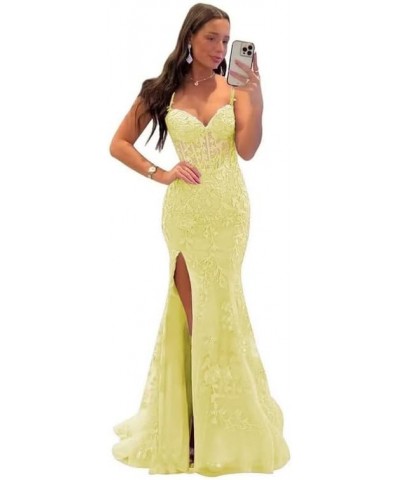 Lace Appliques Prom Dresses for Women Tulle Mermaid Bodycon Formal Evening Dress with Slit BD432 Yellow $41.40 Dresses