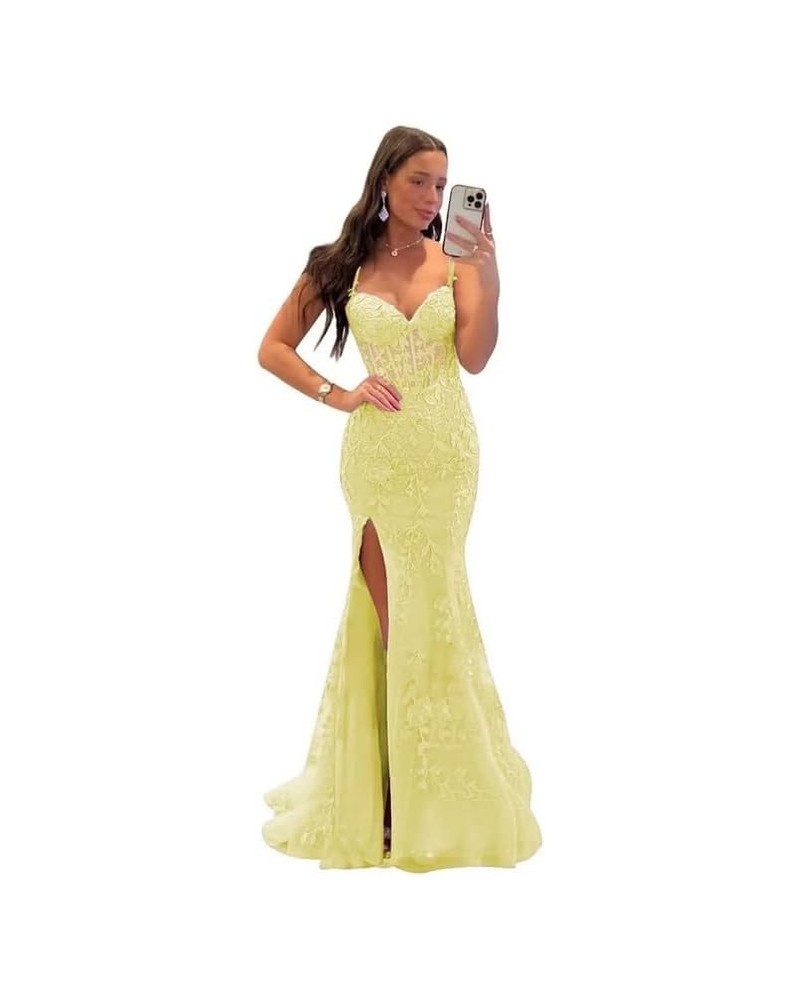 Lace Appliques Prom Dresses for Women Tulle Mermaid Bodycon Formal Evening Dress with Slit BD432 Yellow $41.40 Dresses