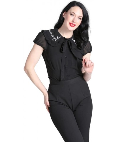 Embroidery Blouse Ruffled Collar Rockabilly 1940s Retro Black $20.67 Blouses