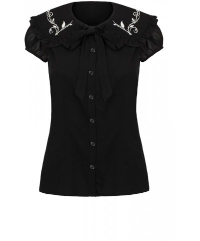 Embroidery Blouse Ruffled Collar Rockabilly 1940s Retro Black $20.67 Blouses