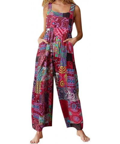 Women Vintage Floral Printed Overalls Boho Sleeveless Loose Casual Jumpsuit Wide Leg Long Romper Playsuit with Pockets Red $9...