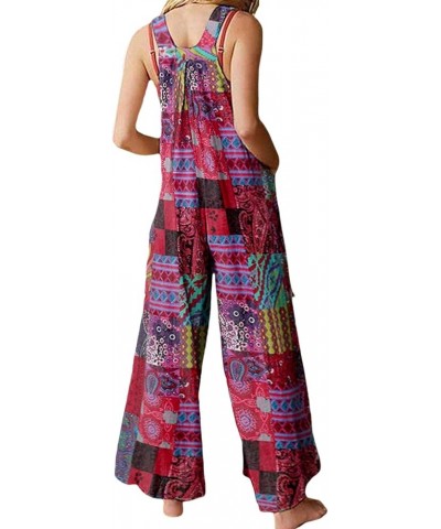 Women Vintage Floral Printed Overalls Boho Sleeveless Loose Casual Jumpsuit Wide Leg Long Romper Playsuit with Pockets Red $9...