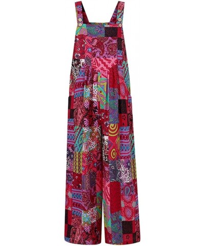 Women Vintage Floral Printed Overalls Boho Sleeveless Loose Casual Jumpsuit Wide Leg Long Romper Playsuit with Pockets Red $9...