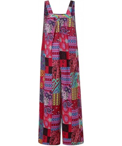 Women Vintage Floral Printed Overalls Boho Sleeveless Loose Casual Jumpsuit Wide Leg Long Romper Playsuit with Pockets Red $9...