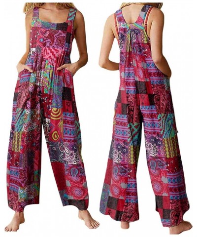 Women Vintage Floral Printed Overalls Boho Sleeveless Loose Casual Jumpsuit Wide Leg Long Romper Playsuit with Pockets Red $9...