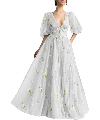 Women's Puff Sleeve Prom Dress Long Flower Embroidery Floral Tulle Formal Evening Party Gowns White-long $38.87 Dresses