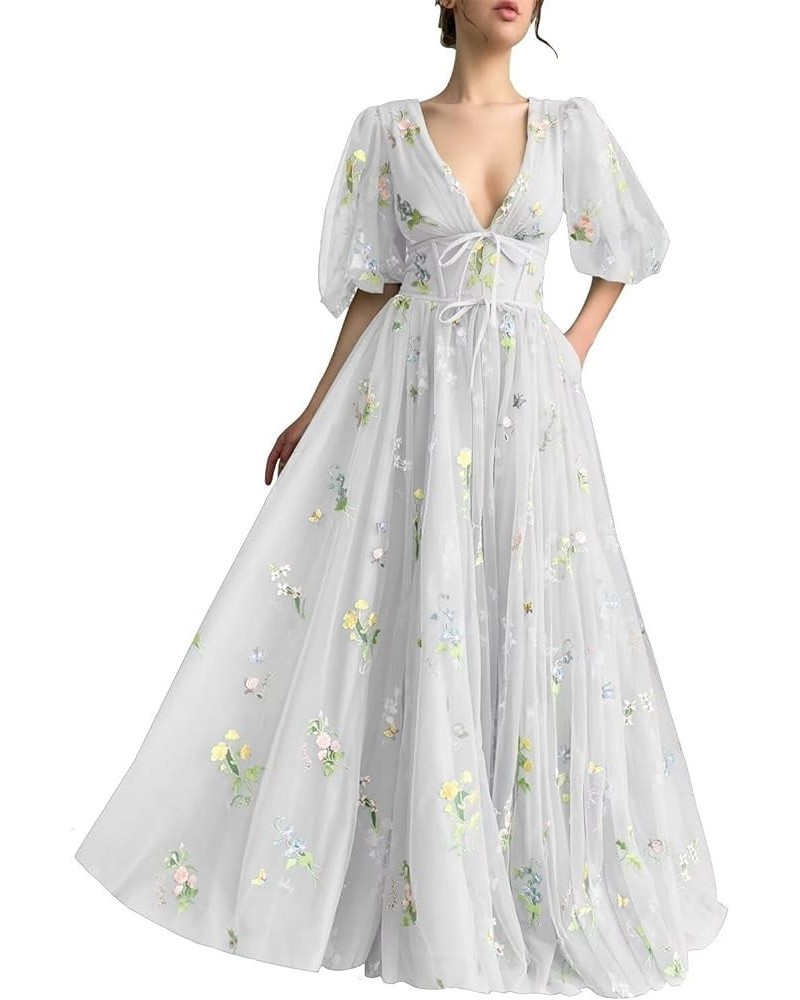 Women's Puff Sleeve Prom Dress Long Flower Embroidery Floral Tulle Formal Evening Party Gowns White-long $38.87 Dresses