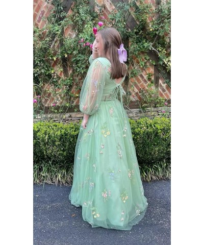 Women's Puff Sleeve Prom Dress Long Flower Embroidery Floral Tulle Formal Evening Party Gowns White-long $38.87 Dresses