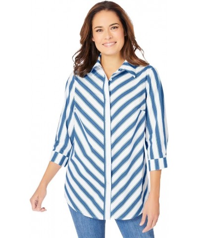 Women's Plus Size Perfect Three Quarter Sleeve Shirt Blue Coast Mitered Stripe $19.20 Tops