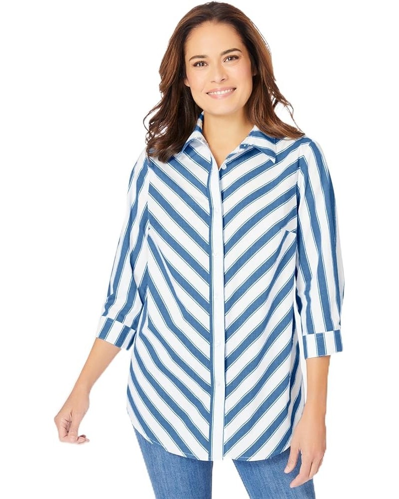 Women's Plus Size Perfect Three Quarter Sleeve Shirt Blue Coast Mitered Stripe $19.20 Tops