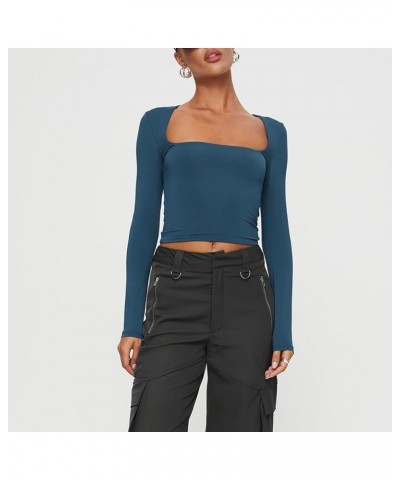 Women's Sexy Square Neck Crop Top Long Sleeve Slim Fit Cropped T Shirts Basic Stretchy Tee Y2K Tops A Navy Blue $10.39 T-Shirts