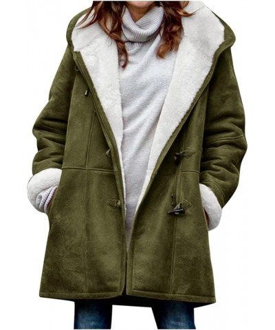 Women Fleece Hooded Jacket Long Sleeve Plus Size Solid Plain Button Down Plush Sherpa Coat Winter Warm Clothes with Pocket 1-...