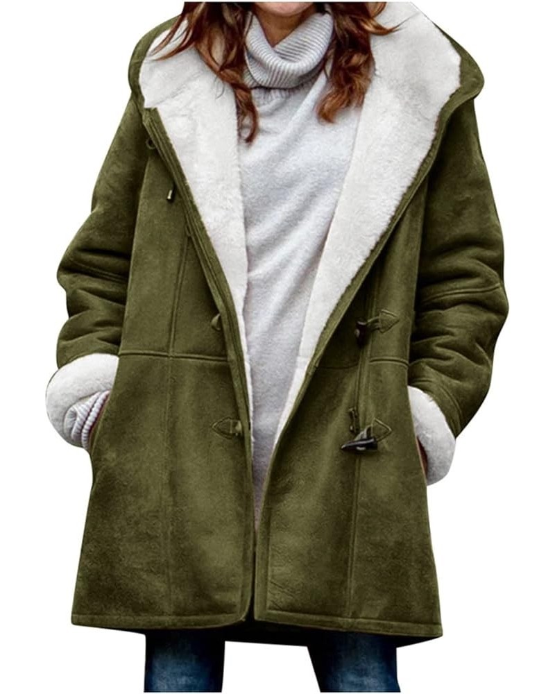 Women Fleece Hooded Jacket Long Sleeve Plus Size Solid Plain Button Down Plush Sherpa Coat Winter Warm Clothes with Pocket 1-...