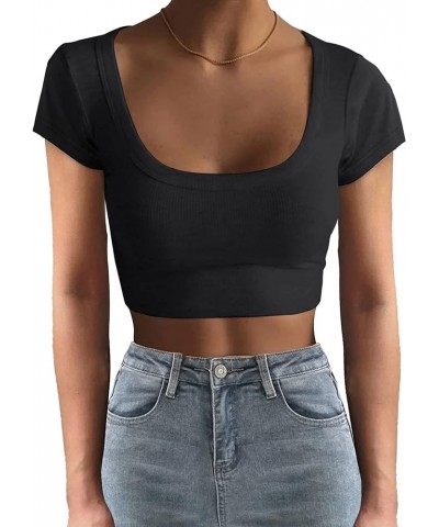 Women 's Short Sleeve Square Neck Ribbed Knit Cropped T Shirt Slim Fit Casual Basic Y2k Tops XS-XL 1 Black $10.25 T-Shirts