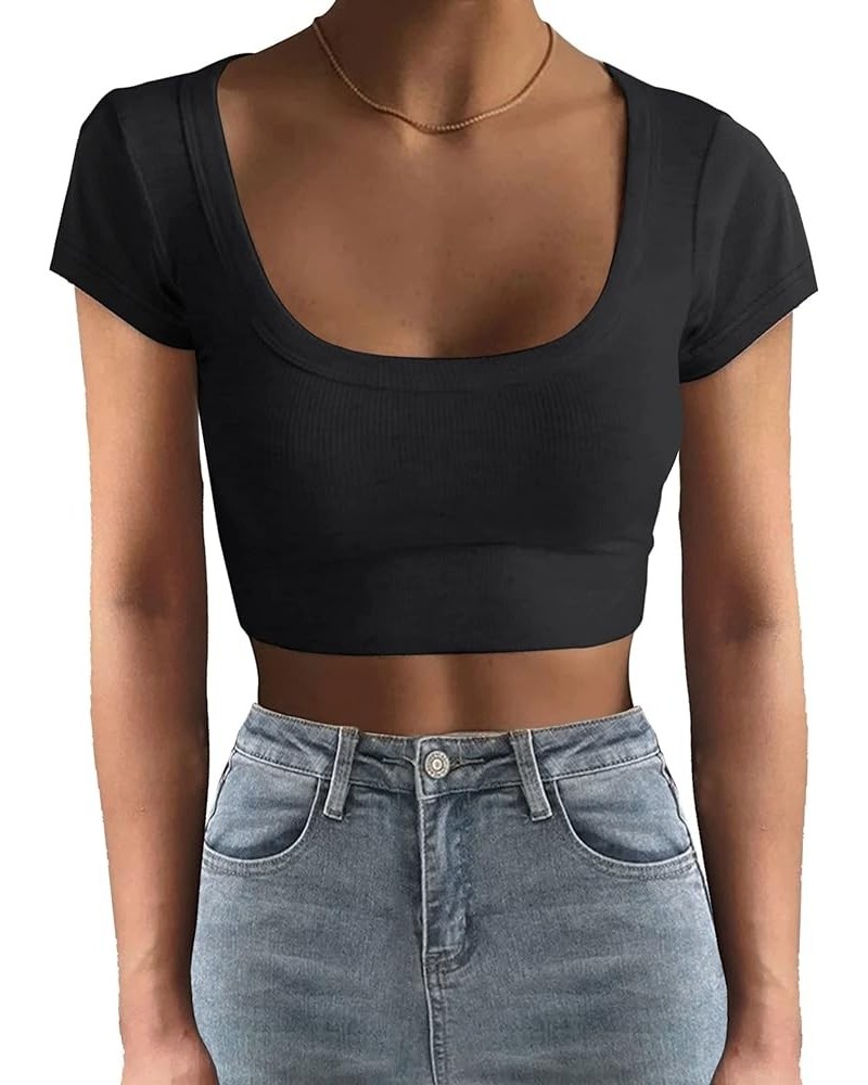 Women 's Short Sleeve Square Neck Ribbed Knit Cropped T Shirt Slim Fit Casual Basic Y2k Tops XS-XL 1 Black $10.25 T-Shirts