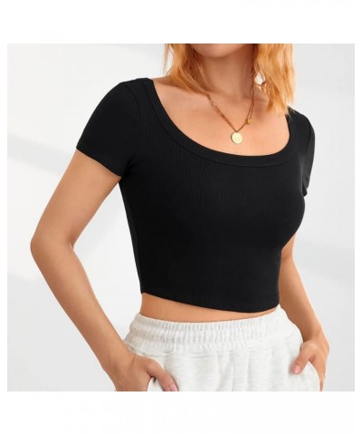 Women 's Short Sleeve Square Neck Ribbed Knit Cropped T Shirt Slim Fit Casual Basic Y2k Tops XS-XL 1 Black $10.25 T-Shirts