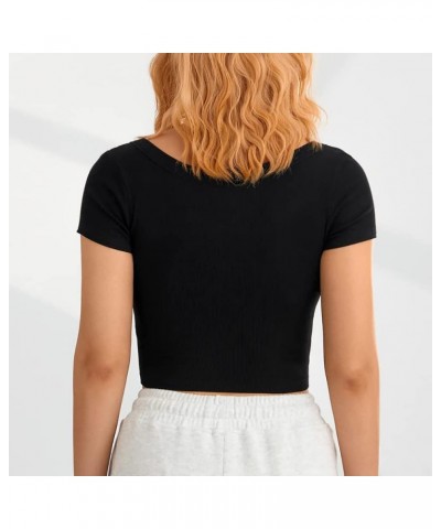 Women 's Short Sleeve Square Neck Ribbed Knit Cropped T Shirt Slim Fit Casual Basic Y2k Tops XS-XL 1 Black $10.25 T-Shirts