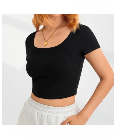 Women 's Short Sleeve Square Neck Ribbed Knit Cropped T Shirt Slim Fit Casual Basic Y2k Tops XS-XL 1 Black $10.25 T-Shirts