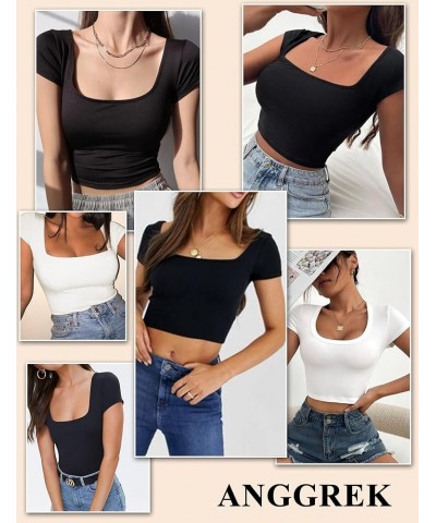 Women 's Short Sleeve Square Neck Ribbed Knit Cropped T Shirt Slim Fit Casual Basic Y2k Tops XS-XL 1 Black $10.25 T-Shirts