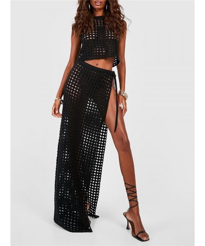 Women Two Piece Knitted Skirts Set Crochet Crop Top Tank Top Hollow out Shirt High Waist Maxi Skirts Outfits Set Black-c $13....