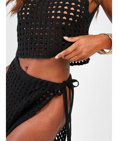 Women Two Piece Knitted Skirts Set Crochet Crop Top Tank Top Hollow out Shirt High Waist Maxi Skirts Outfits Set Black-c $13....