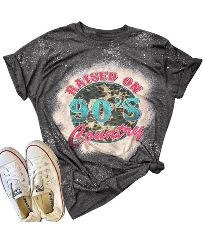 Raised on 90's Country Music Bleached T Shirt Women Leopard Print Short Sleeve T Shirt Distressed Tee Graphic Tee Dark Gray $...