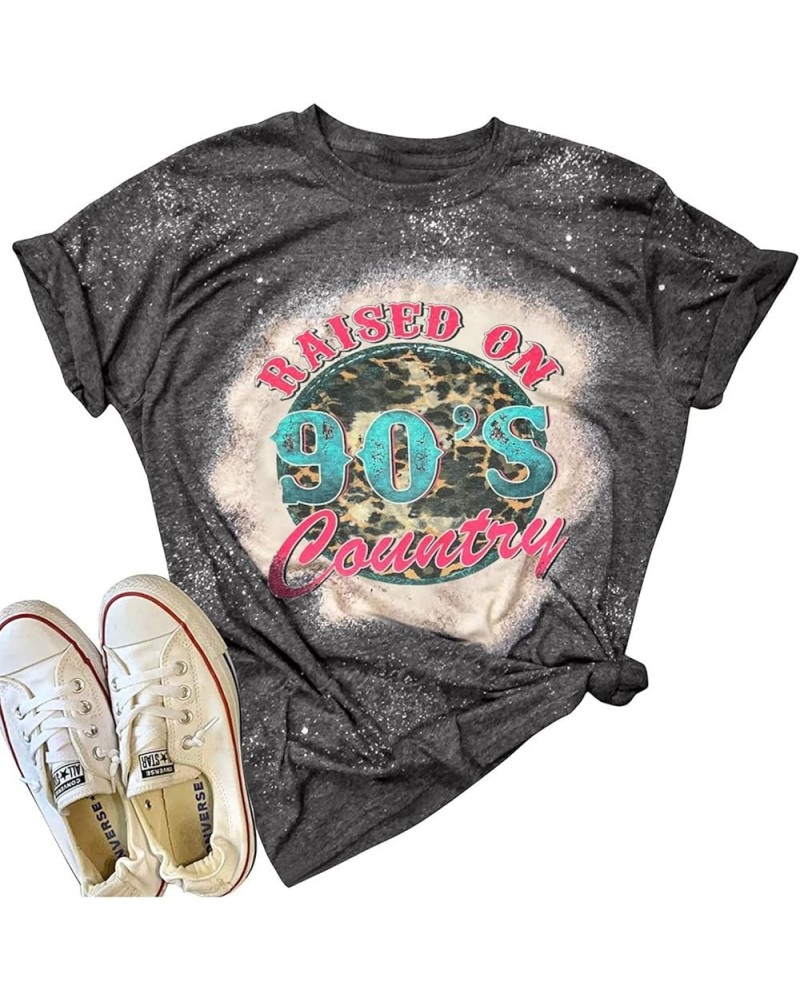 Raised on 90's Country Music Bleached T Shirt Women Leopard Print Short Sleeve T Shirt Distressed Tee Graphic Tee Dark Gray $...