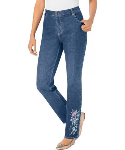 Women's Plus Size Tall Straight-Leg Stretch Jean Medium Stonewash Floral Embroidery $19.47 Jeans