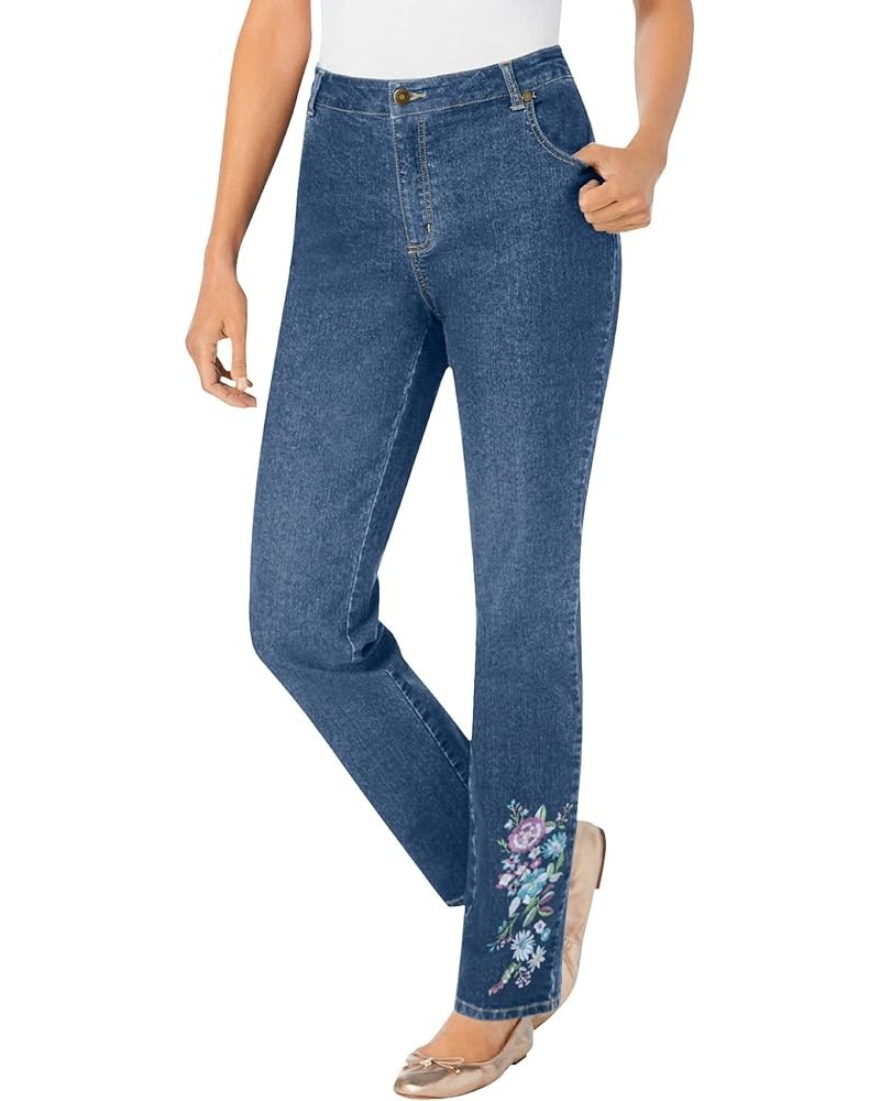 Women's Plus Size Tall Straight-Leg Stretch Jean Medium Stonewash Floral Embroidery $19.47 Jeans