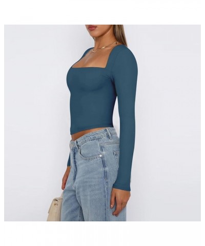 Women's Sexy Square Neck Crop Top Long Sleeve Slim Fit Cropped T Shirts Basic Stretchy Tee Y2K Tops A Navy Blue $10.39 T-Shirts