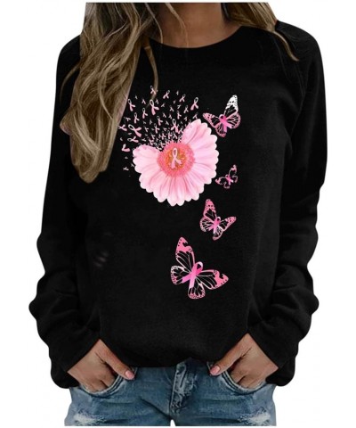 Breast Cancer Awareness Shirts for Women Pink Ribbon Print Crewneck Sweatshirt Womens Fall Fashion Clothes B04-black $7.22 Ho...