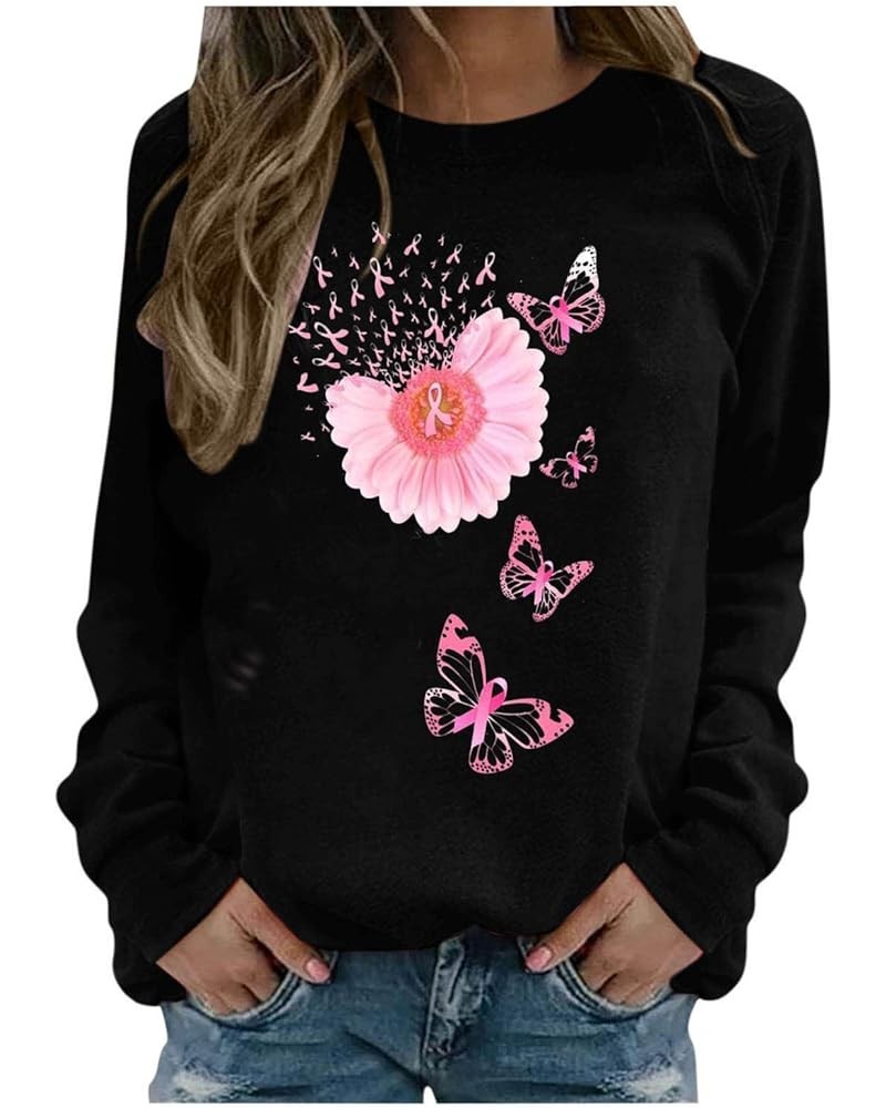 Breast Cancer Awareness Shirts for Women Pink Ribbon Print Crewneck Sweatshirt Womens Fall Fashion Clothes B04-black $7.22 Ho...