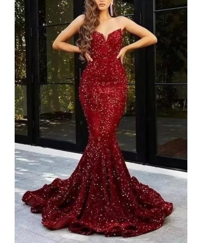 Mermaid Sequin Prom Dresses 2023 Long Formal Dresses with Train Strapless Backless V-Neck Trumpet Evening Gowns for Women Bur...