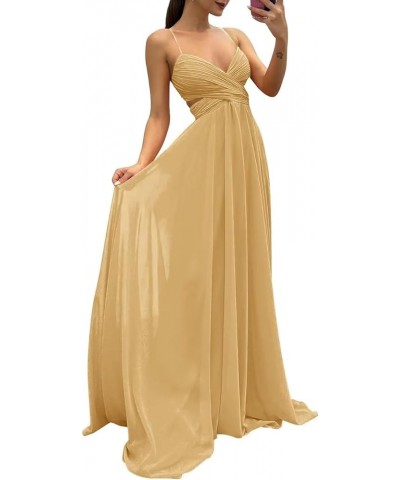 Long Spaghetti Straps Chiffon Bridesmaid Dresses V Neck Formal Wedding Guest Dresses for Women A Line Evening Gowns Gold $27....