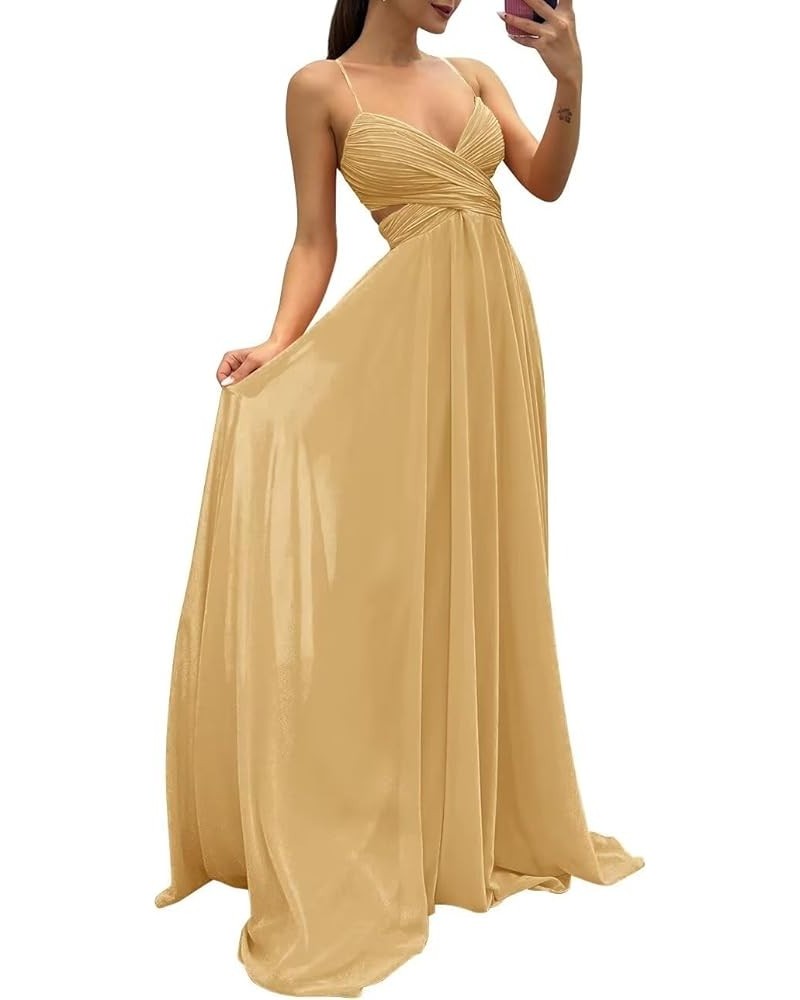 Long Spaghetti Straps Chiffon Bridesmaid Dresses V Neck Formal Wedding Guest Dresses for Women A Line Evening Gowns Gold $27....