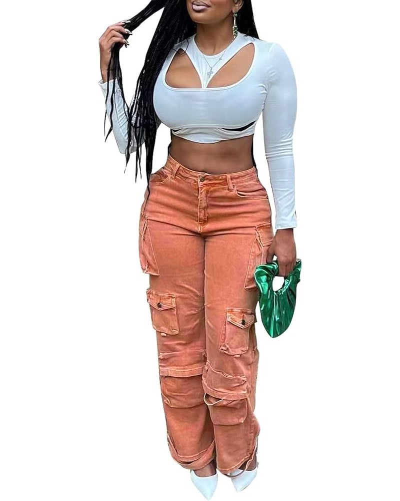 Women's Ripped Cargo Denim Long Pants Mid Rise Multi Pockets Y2k Straight Leg Pants Casual Vintage Jeans 11-orange $24.74 Jeans