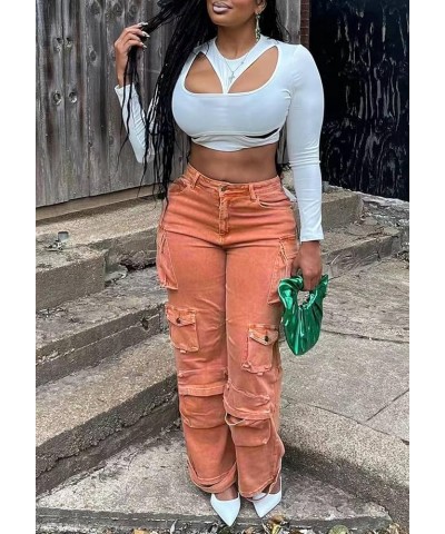 Women's Ripped Cargo Denim Long Pants Mid Rise Multi Pockets Y2k Straight Leg Pants Casual Vintage Jeans 11-orange $24.74 Jeans