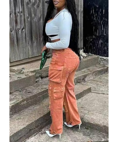 Women's Ripped Cargo Denim Long Pants Mid Rise Multi Pockets Y2k Straight Leg Pants Casual Vintage Jeans 11-orange $24.74 Jeans