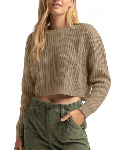 Women's Crewneck Casual Knitted Long Sleeve Loose Crop Pullover Sweater Top Khaki $22.41 Sweaters