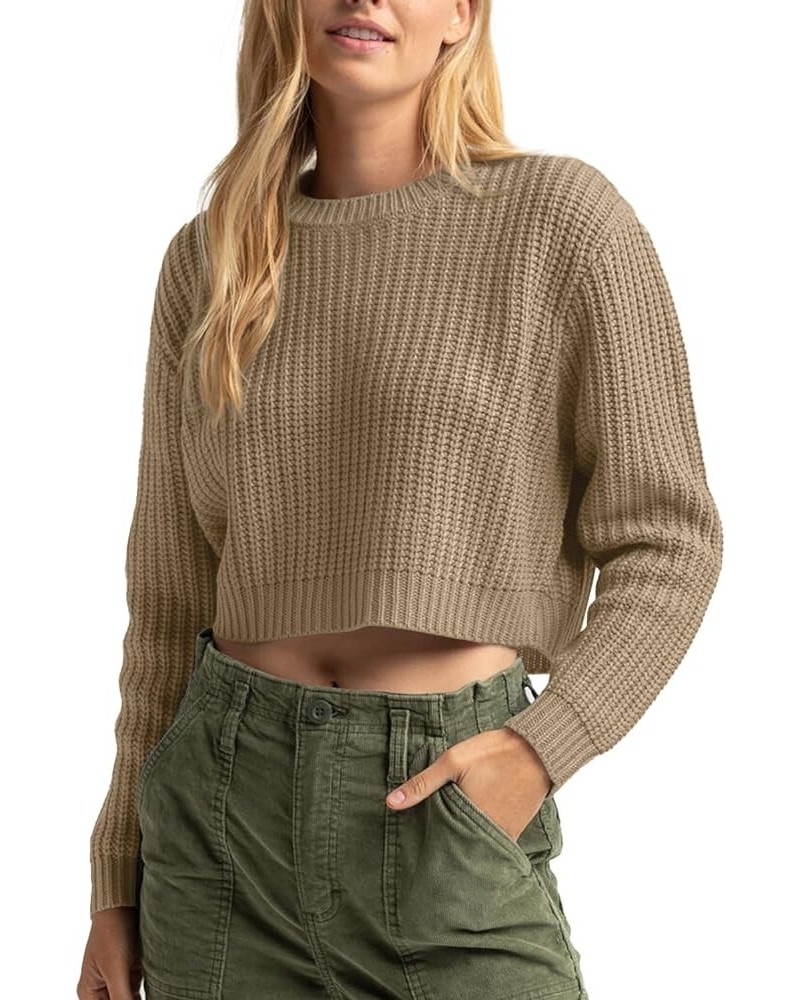 Women's Crewneck Casual Knitted Long Sleeve Loose Crop Pullover Sweater Top Khaki $22.41 Sweaters