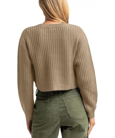 Women's Crewneck Casual Knitted Long Sleeve Loose Crop Pullover Sweater Top Khaki $22.41 Sweaters