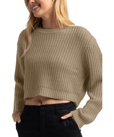 Women's Crewneck Casual Knitted Long Sleeve Loose Crop Pullover Sweater Top Khaki $22.41 Sweaters