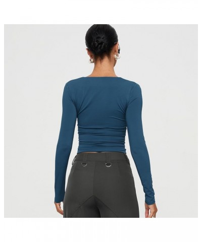 Women's Sexy Square Neck Crop Top Long Sleeve Slim Fit Cropped T Shirts Basic Stretchy Tee Y2K Tops A Navy Blue $10.39 T-Shirts