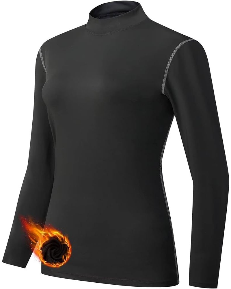 Turtleneck Base Layer for Skiing Hiking Women Cold Weather Fleece Thermal Shirt for Workout Running High Wicking 219-black-tu...