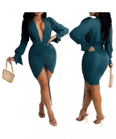 Women's Sexy Deep V Neck Long Sleeve Bodycon Ruched Wrap Mini Dresses Cocktail Mini Dresses for Women Evening Party Drawstrin...